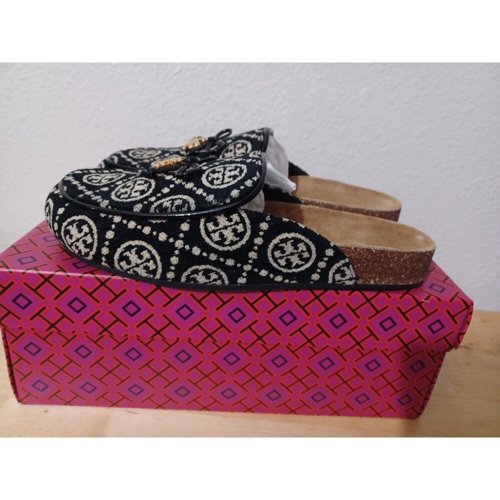 Tory Burch T Monogrammed Tory Charm Mules Clogs Size 9 Black Cream New In Box - Picture 7 of 10